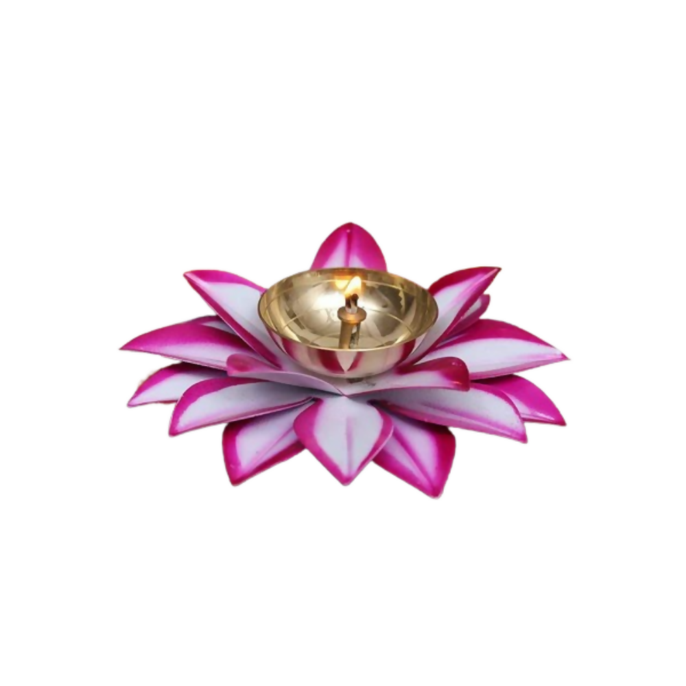 CraftVatika Brass Lotus Diya Deepak Oil Lamp -White Pink - Dista
