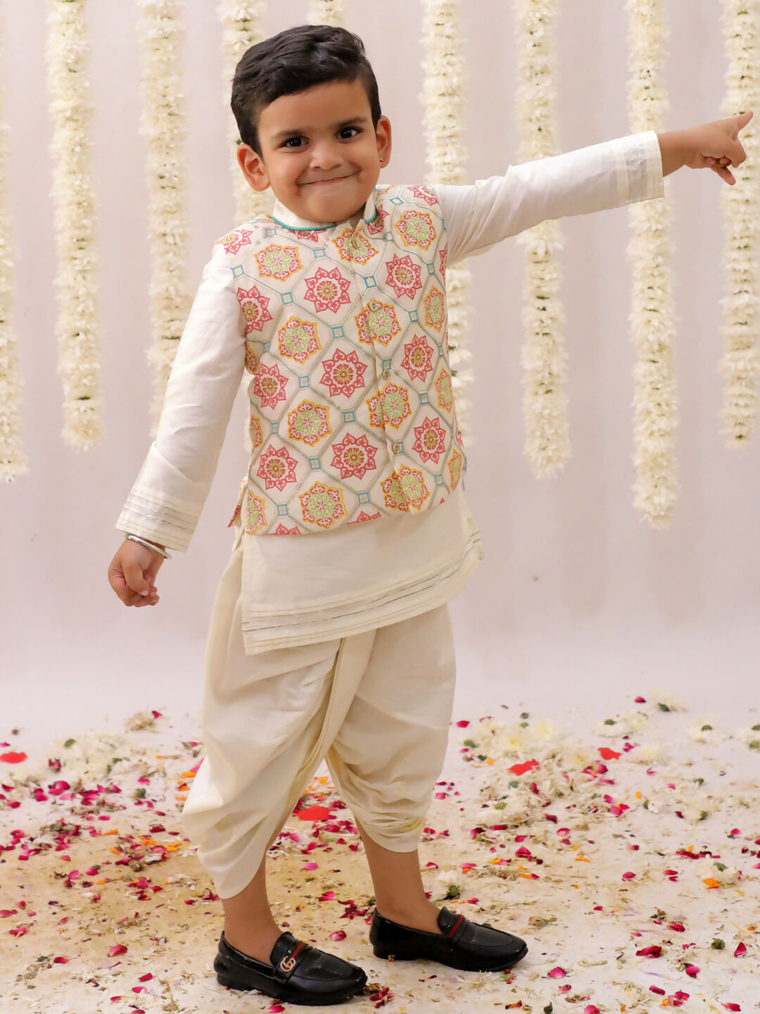 Lil Drama Mishti White Kurta Dhoti and Jacket For Boys