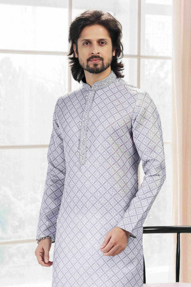 Raivat Ethnic Cotton Thread Work Kurta Pajama In Grey Colour - Dista