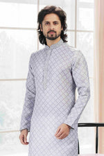 Thumbnail for Raivat Ethnic Cotton Thread Work Kurta Pajama In Grey Colour - Dista