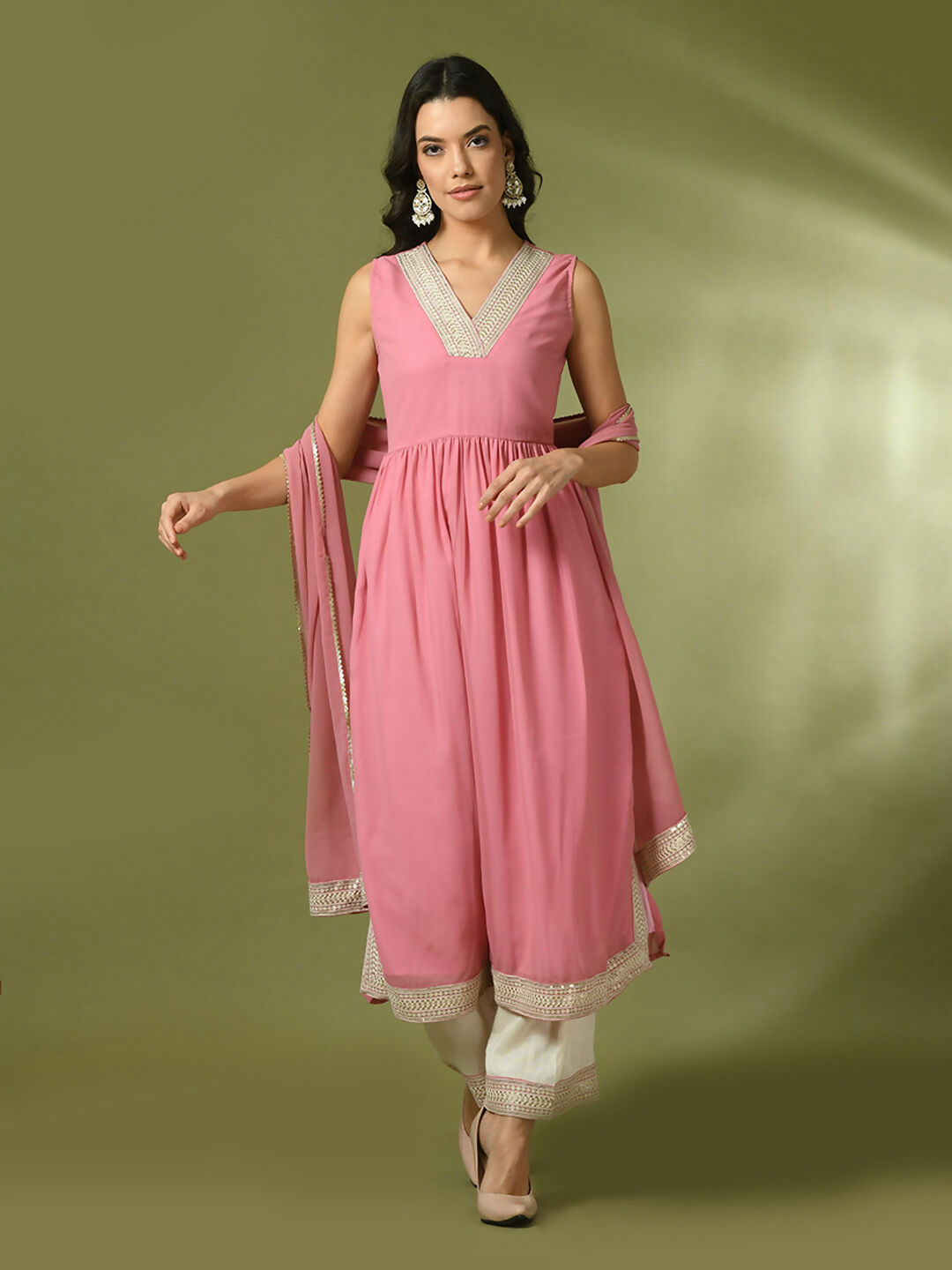 Myshka Women's Pink Solid Georgette Anarkali Party Kurta Set With Dupatta - Distacart