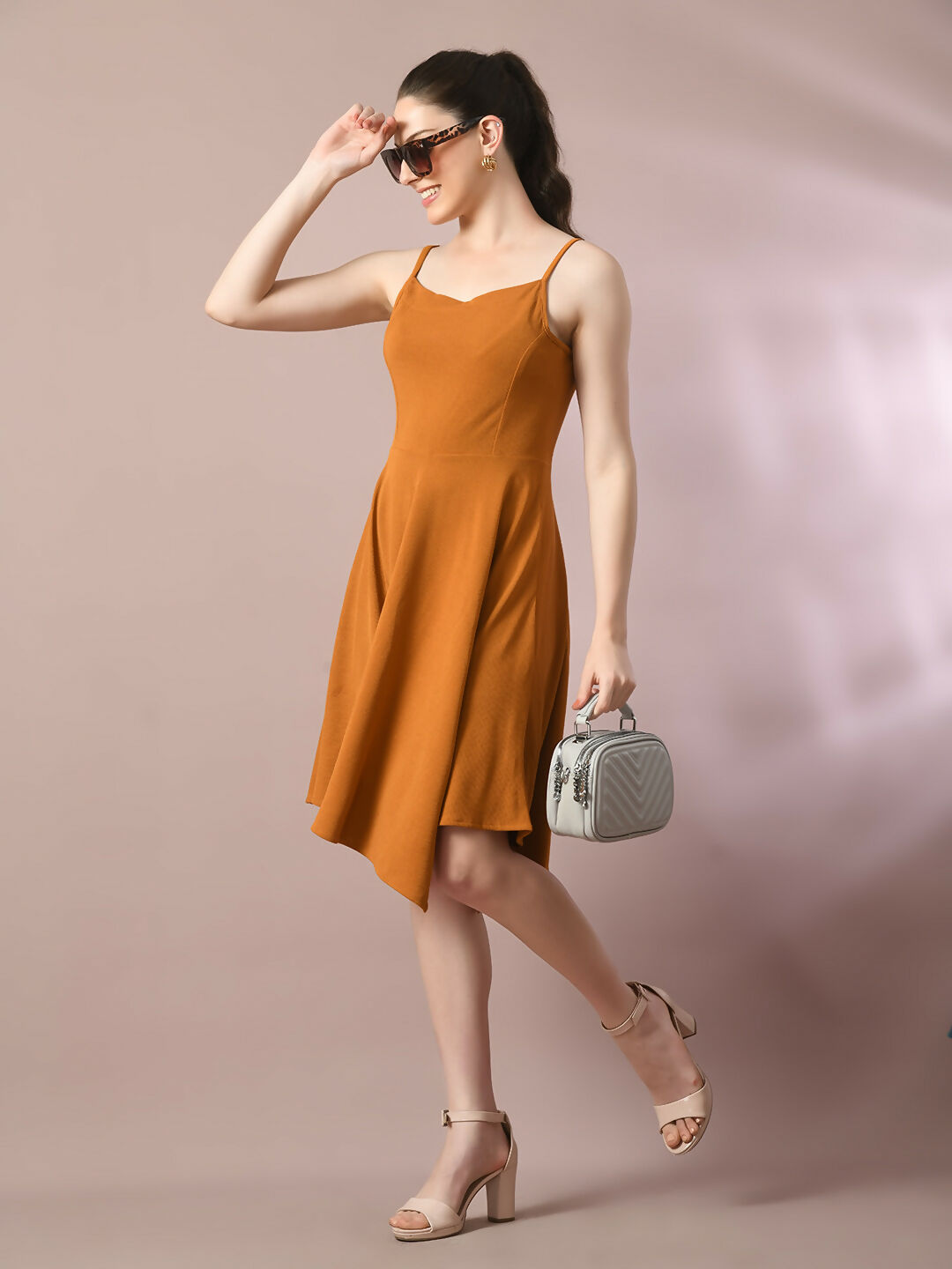 Myshka Women's Mustard Solid Shoulder Straps Fit and Flare Party Dress - Distacart