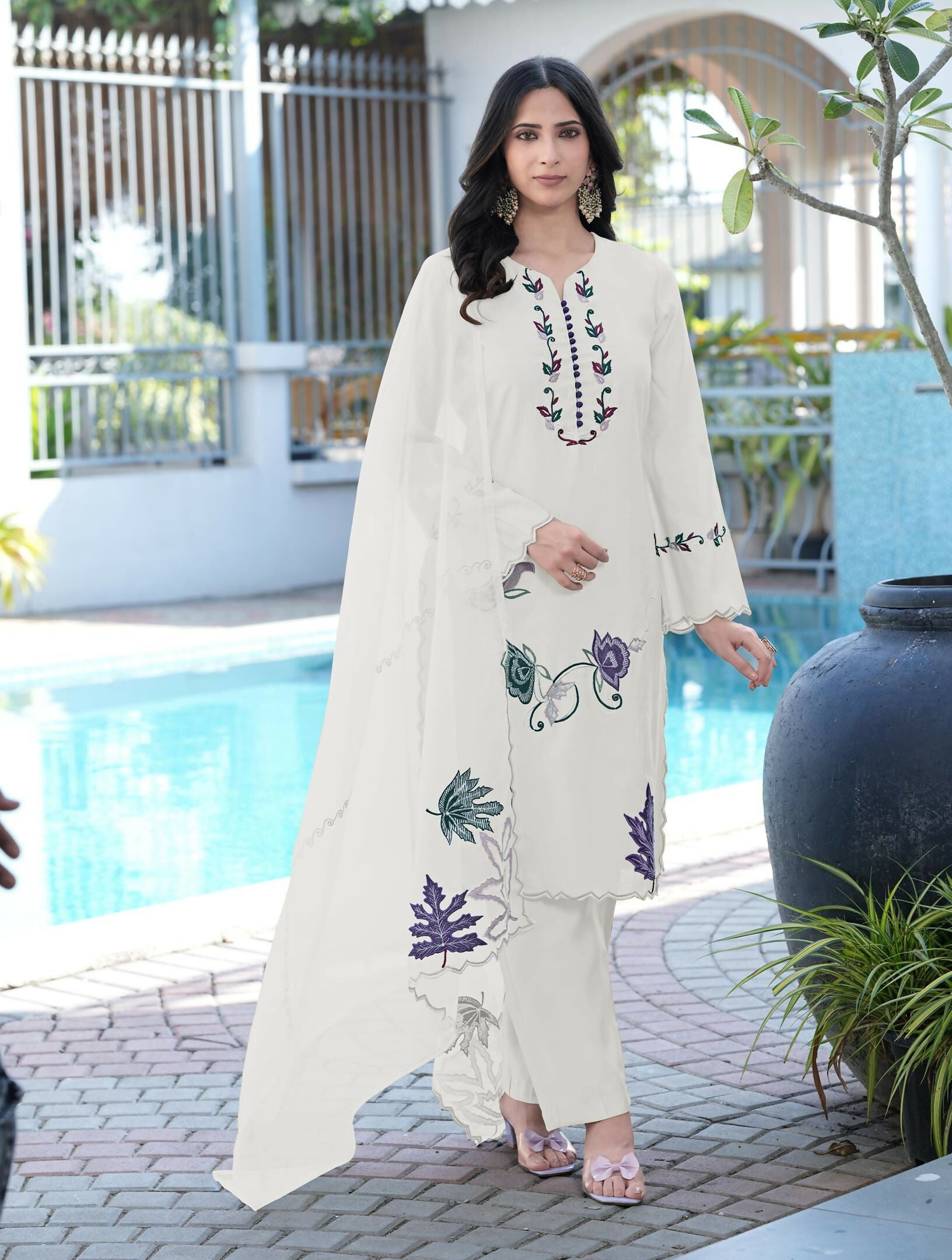 Nikhaar Cream Embroidered Art Silk Stitched Straight Cut Kurta Pants Dupatta Readymade Suit - Dista