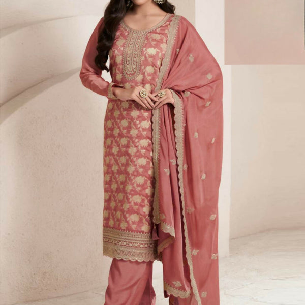 Anaita Peach Viscose Muslin Stitched Suit with Sequence & Zari Work - Distacart