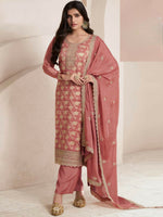 Thumbnail for Anaita Peach Viscose Muslin Stitched Suit with Sequence & Zari Work - Distacart