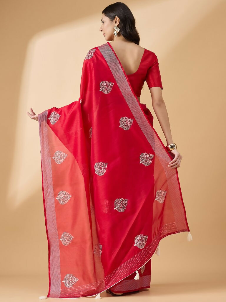 Red Cotton Blend Thread Embroidered Saree with Unstitched Blouse - Satya - Distacart