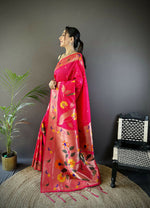 Thumbnail for Joban Fashion Rani Pink Zari Woven Floral Motifs Soft Silk Paithani Silk Saree - Distacart