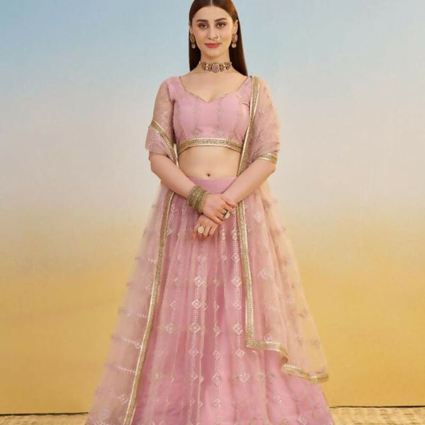 Aastha Fashion Pink Butterfly Net Tone To Tone Cotton Thread Work And Sequence Work Embroidery Wedding Wear Lehenga Choli - Distacart