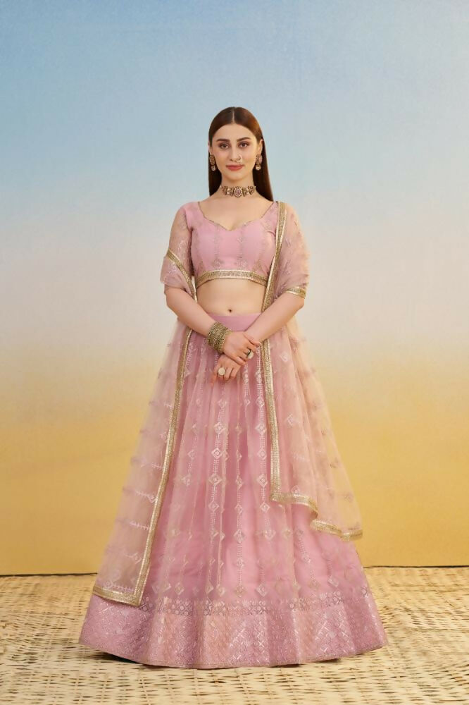 Aastha Fashion Pink Butterfly Net Tone To Tone Cotton Thread Work And Sequence Work Embroidery Wedding Wear Lehenga Choli - Distacart