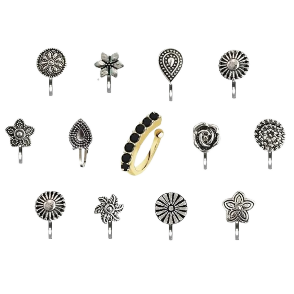 Thanu's Craft Oxidised Nose Pin Ring Studs Black Metal Germam silver Nosepin for Women - Distacart