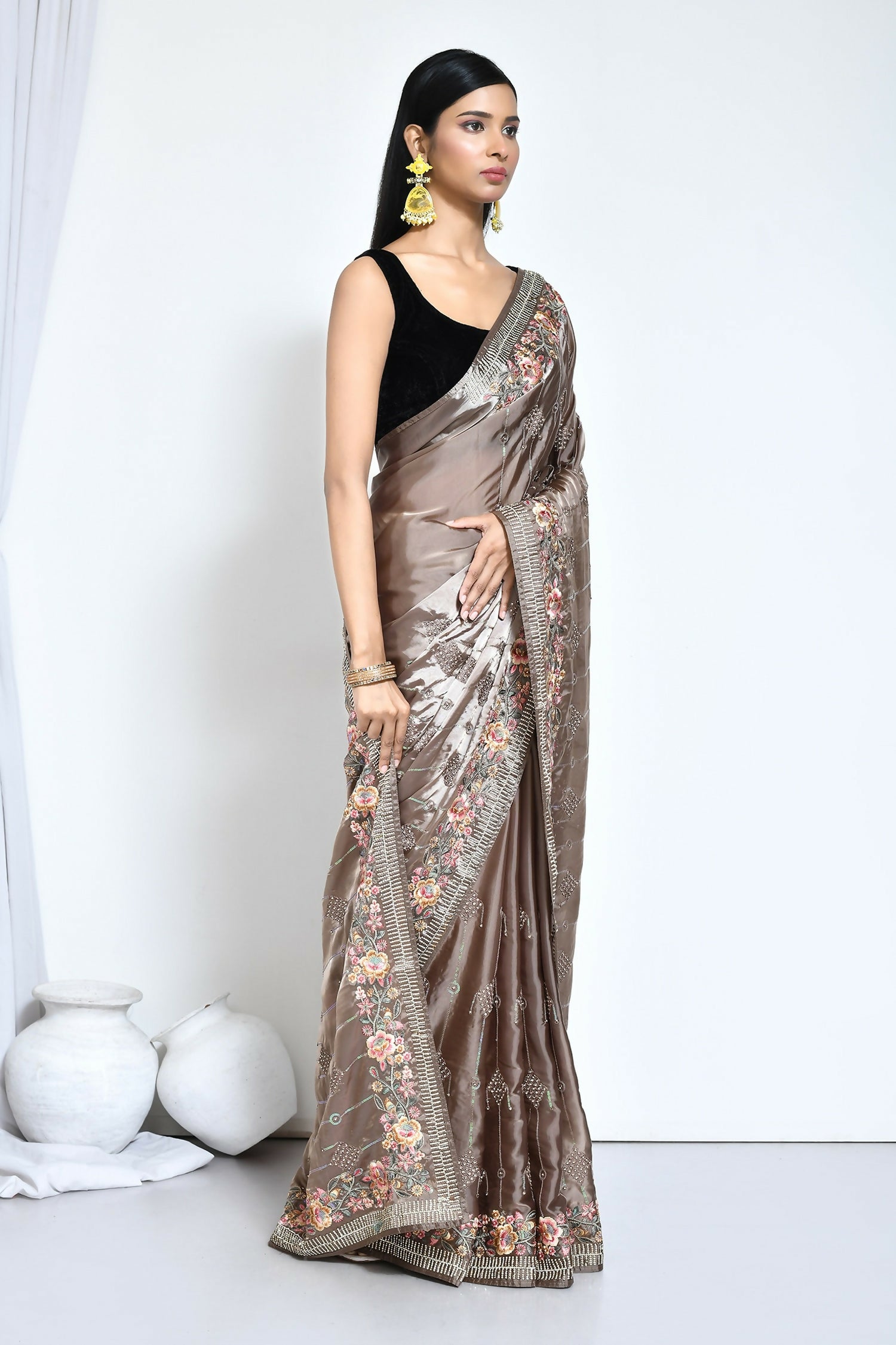 Brown Satin Silk Sequence Embroidered with Stone work Saree - Nimaya Benzy - Distacart