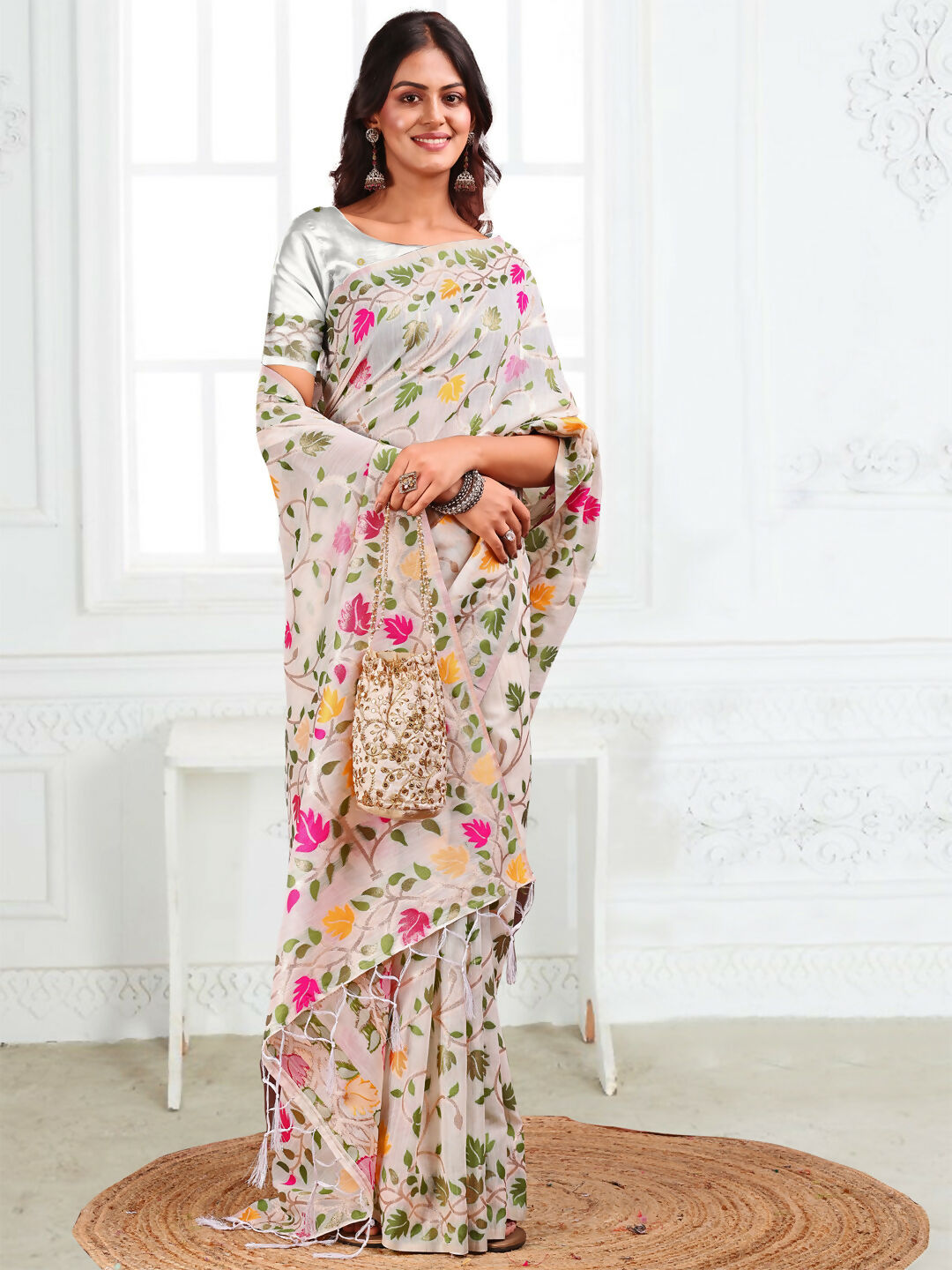 Astita Linen Cotton White Saree