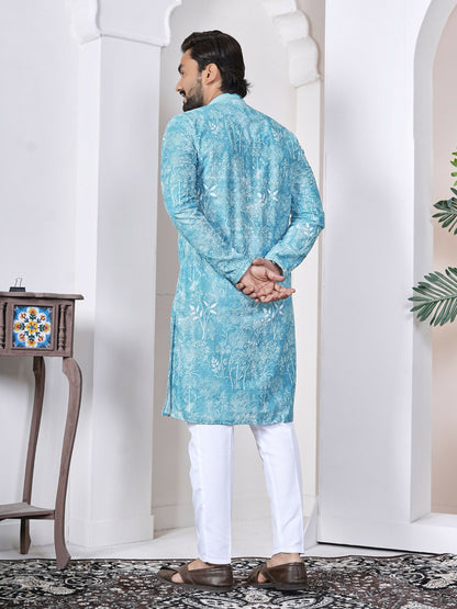 Anaita Sky Blue Digital Printed Work Cotton Straight Kurta - Distacart