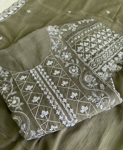 KC Mahendi Green Pakistani Straight Suit For Women Chiffon - Dista