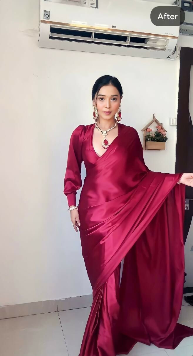 Malishka Satin Silk Solid Ready To Wear Saree With Blouse Piece - Pink - Distacart