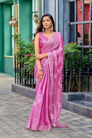 Vastranavya Baby Pink Embroidery Work Shimmer Chiffon Saree with Unstitched Blouse