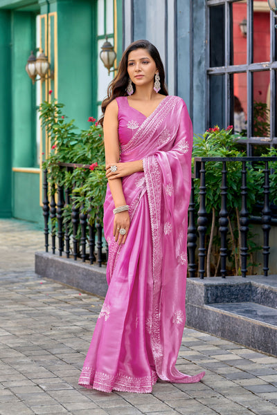 Vastranavya Baby Pink Embroidery Work Shimmer Chiffon Saree with Unstitched Blouse