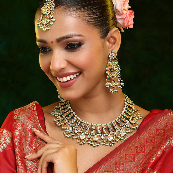 Ruby Raang Gold Polished Kundan Work Gold Kundan Collar Necklace With Earrings & Maang Tikka - Dista