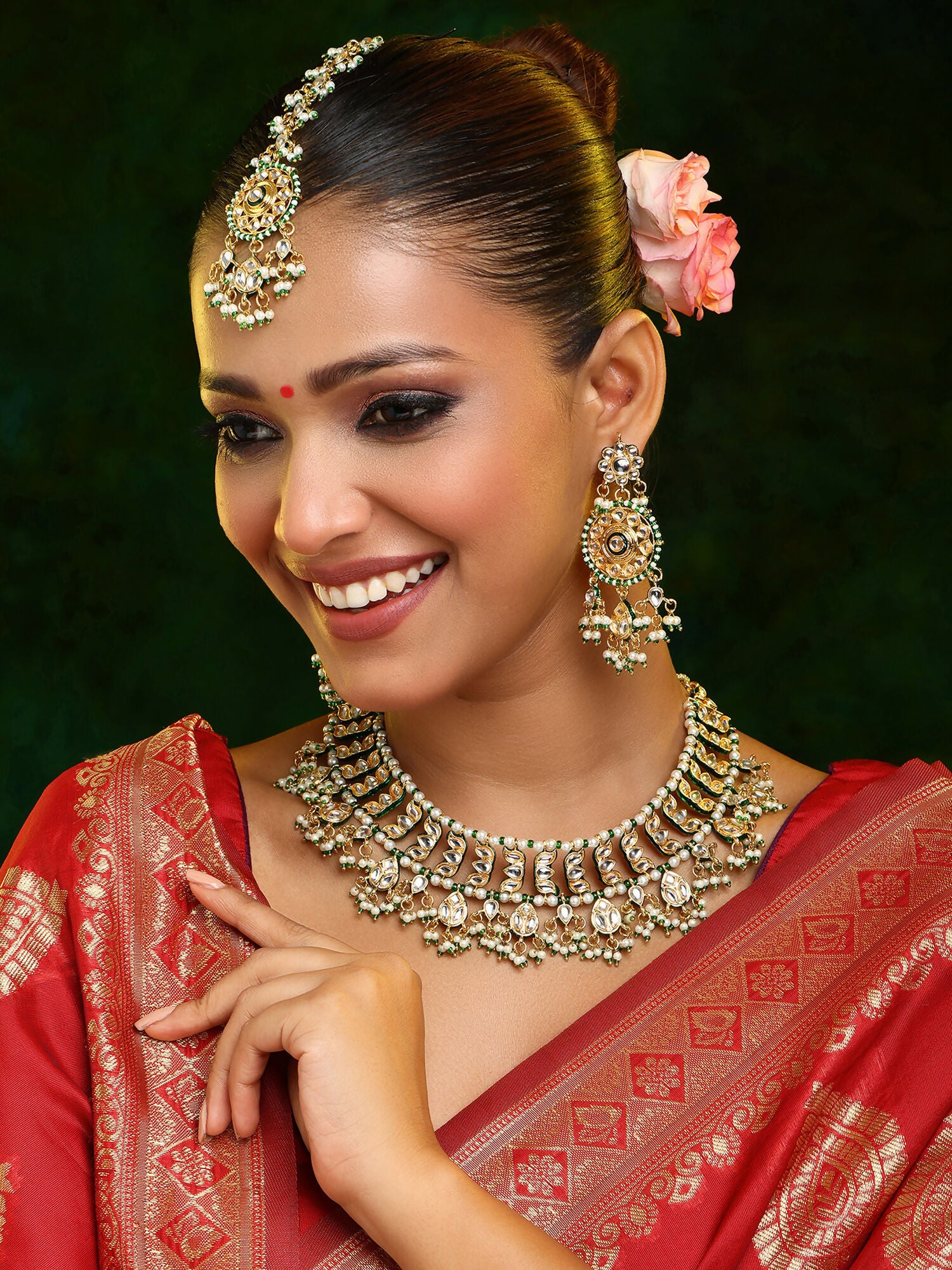 Ruby Raang Gold Polished Kundan Work Gold Kundan Collar Necklace With Earrings & Maang Tikka - Dista