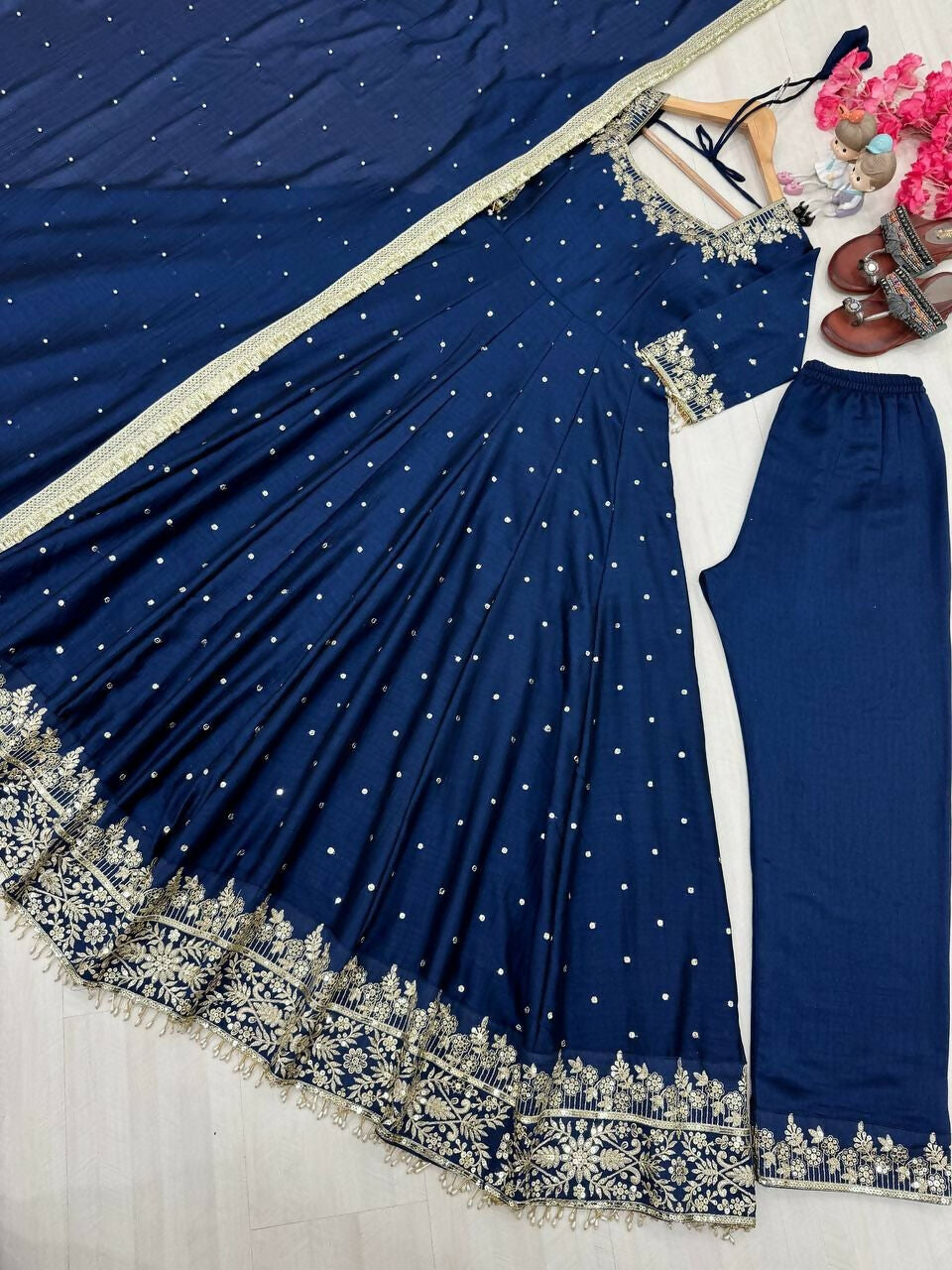 Teeya Creation Royal Blue Color Pure Vichitra Silk Embroidery Work Party Wear Gown