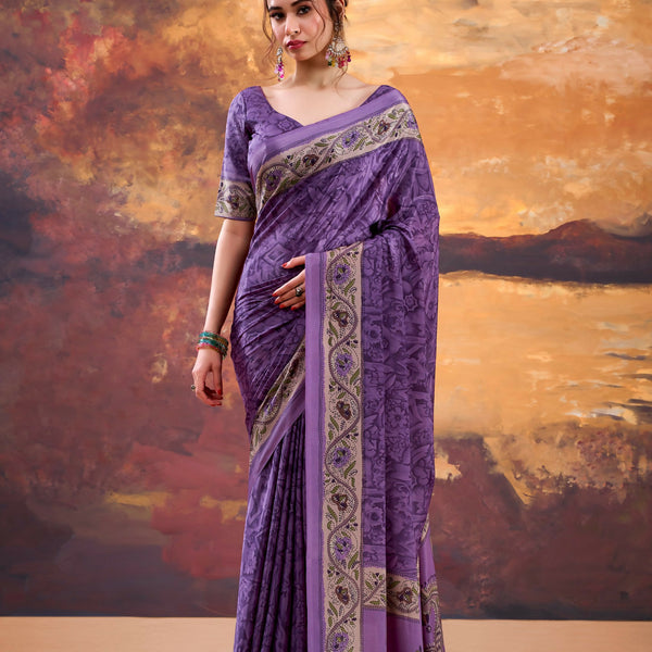 Vastranavya Purple Crepe Printed Saree with Unstitched Blouse - Distacart