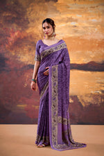 Thumbnail for Vastranavya Purple Crepe Printed Saree with Unstitched Blouse - Distacart