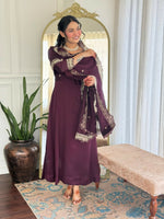 Thumbnail for The52 Wine Women's Gorgeous Vichitra Silk Fabric Embroidered Work Flared Anarkali Pant and Dupatta Set