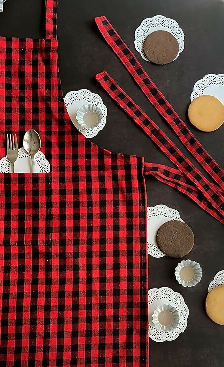 Pixel Home Cotton Apron Check Kitchen-Red Checked - Dista