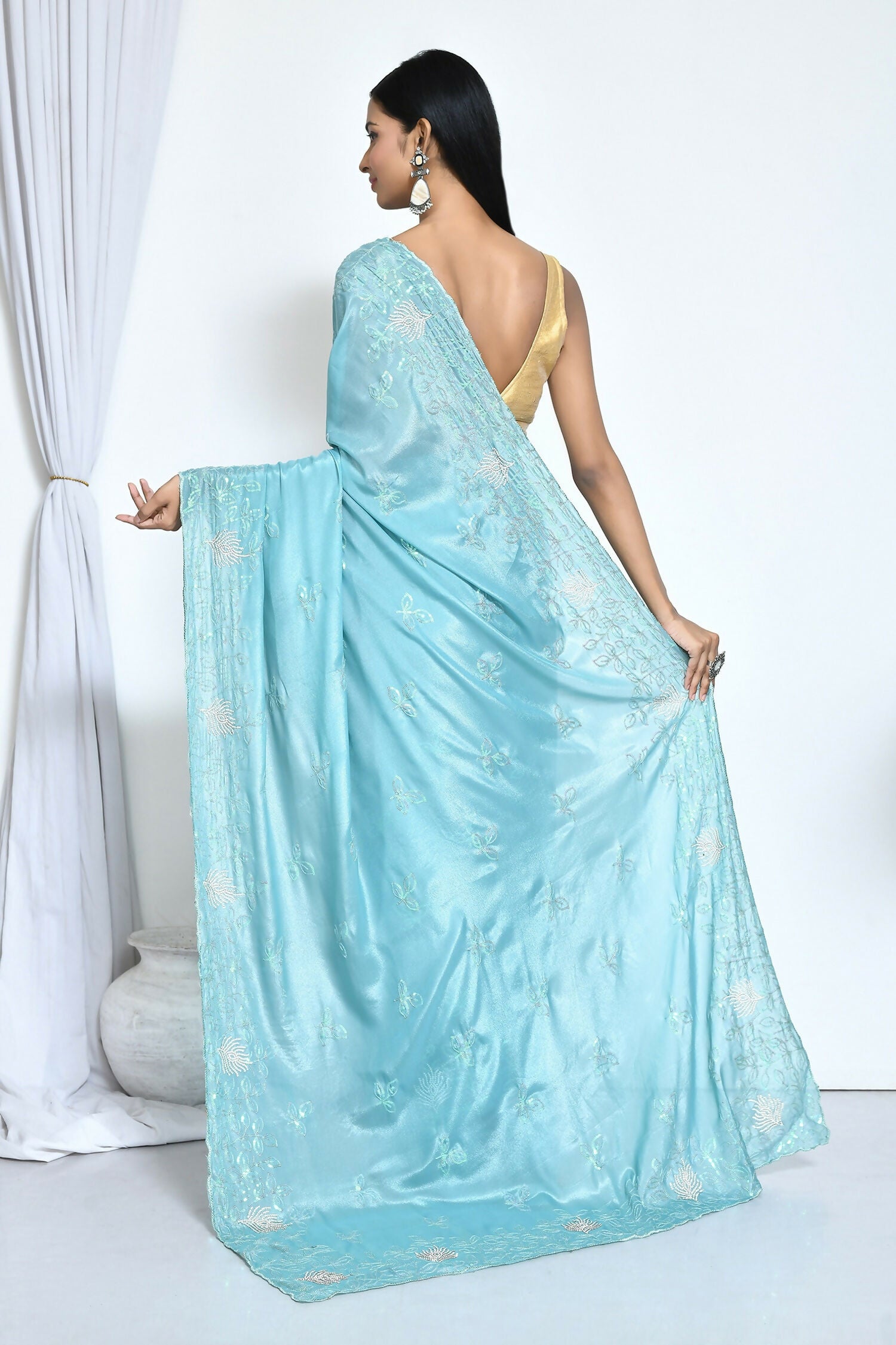 Blue Crepe Silk Sequence Embroidered with Stone work Saree - Nimaya Benzy - Distacart
