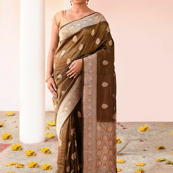 Joban Fashion Olive Green Banarasi Katan Pure Handloom Banarasi Silk Saree