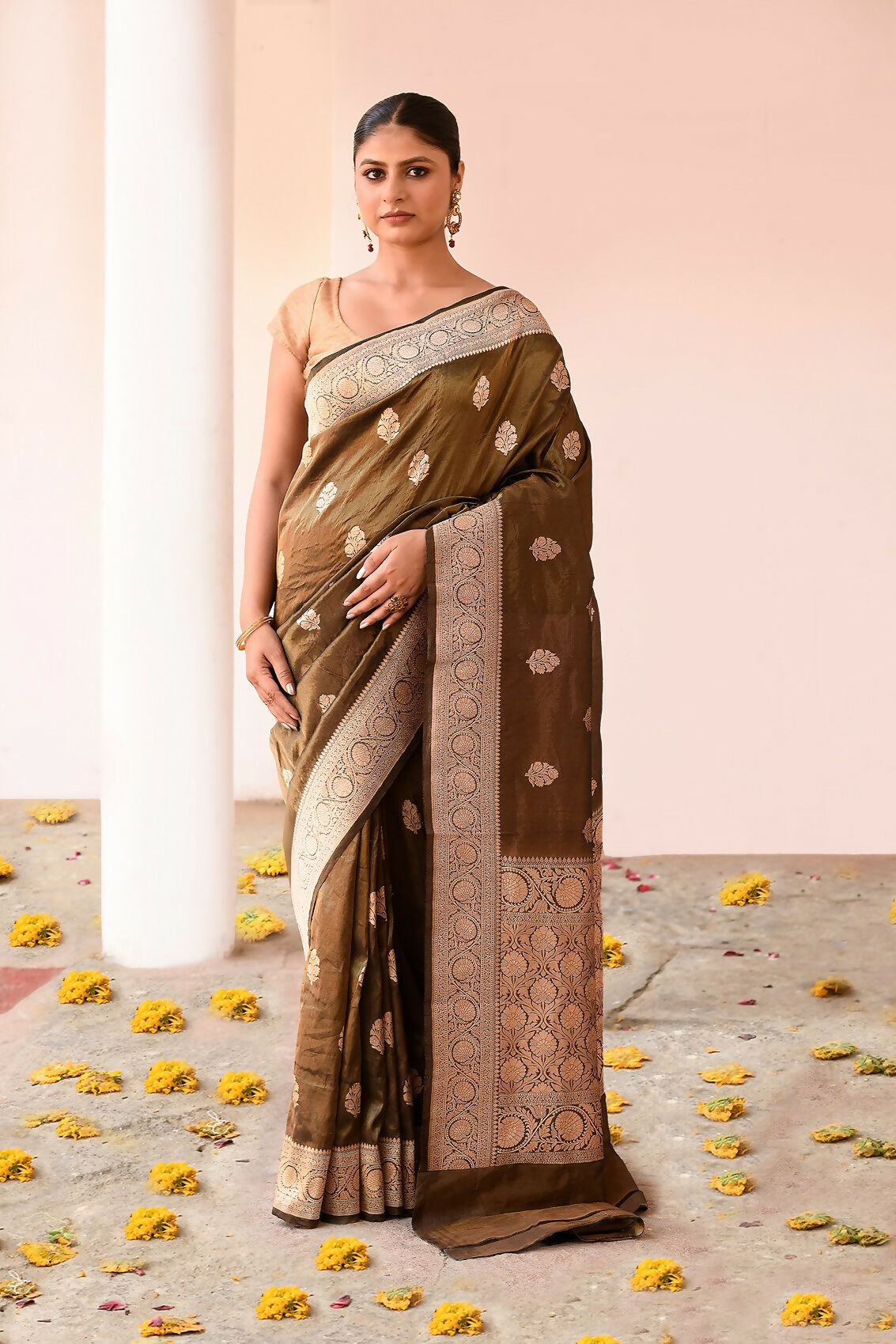 Joban Fashion Olive Green Banarasi Katan Pure Handloom Banarasi Silk Saree - Dista