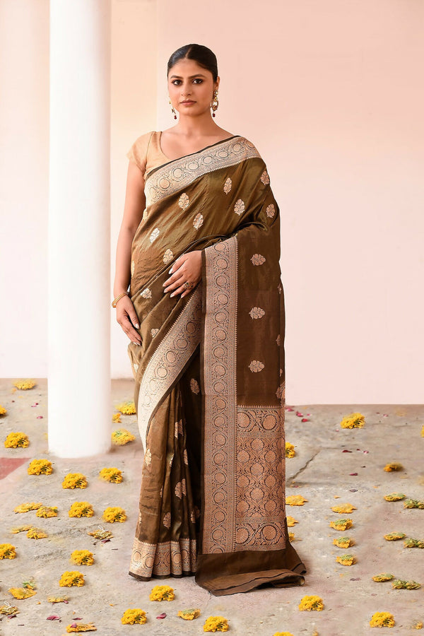Joban Fashion Olive Green Banarasi Katan Pure Handloom Banarasi Silk Saree