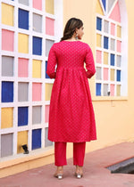 Thumbnail for Alvano Women's A-line Naira Cut Embroidery work Print Kurti with Pant and Dupatta set Rayon (Red) - Distacart