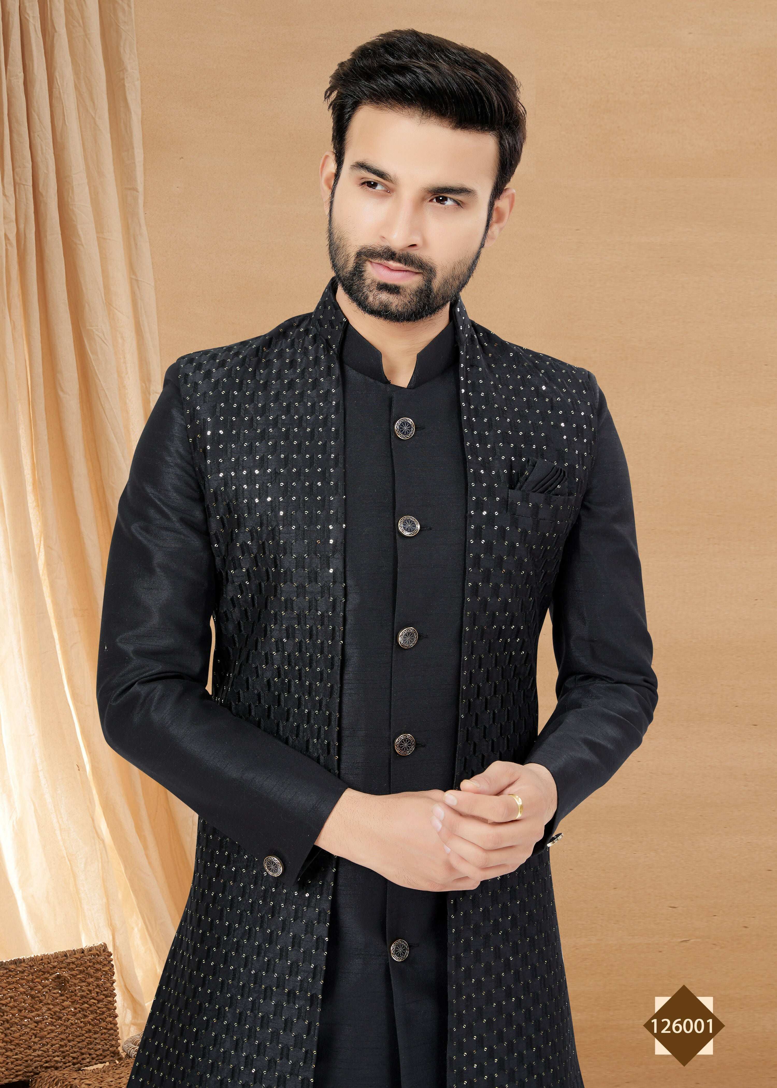 Joban Fashion Men's Black Heavy Art Silk Double Finish Plain Indowestern - Distacart
