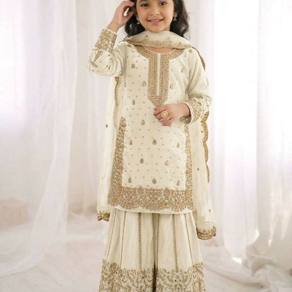 Teeya Creation Girls Heavy Embroidery Ethnic Kurta And Palazzo Set With Net Dupatta - Dista