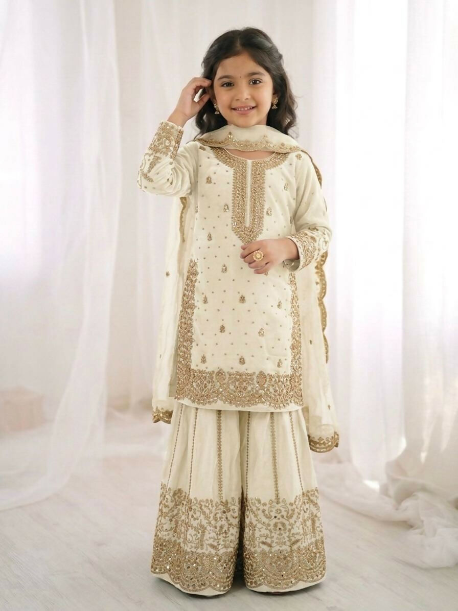 Teeya Creation Girls Heavy Embroidery Ethnic Kurta And Palazzo Set With Net Dupatta - Dista
