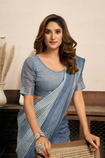Thumbnail for Joban Fashion Cream & Blue Striped Linen Ready To Wear Saree With Unstitched Blouse - Distacart