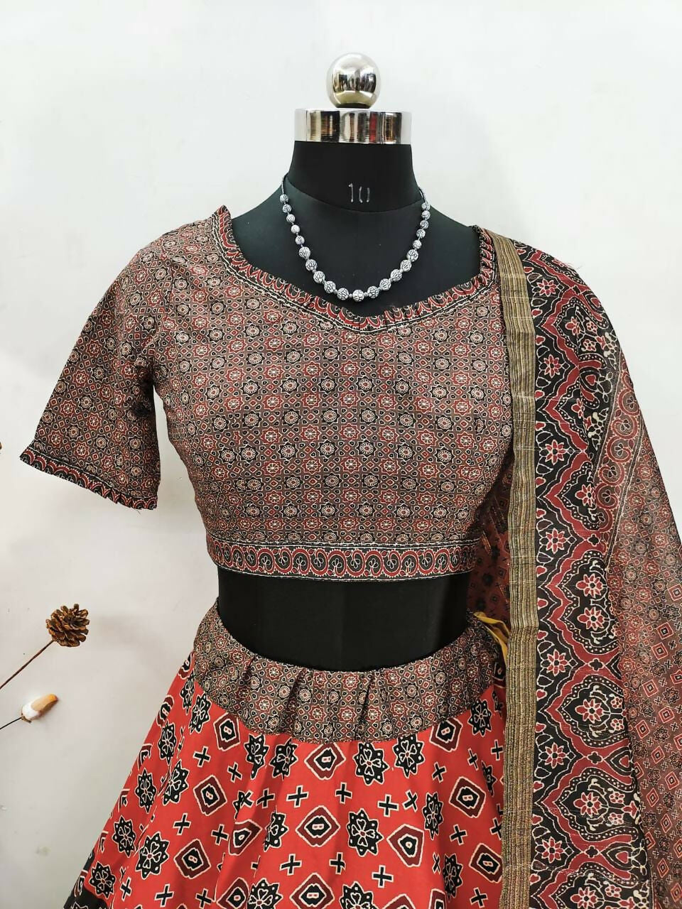 Preksha Creation Indian Navratri Special Cotton Women Lehenga Choli With print work and lucknowi print dupatta - Brown - Distacart