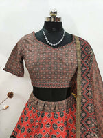 Thumbnail for Preksha Creation Indian Navratri Special Cotton Women Lehenga Choli With print work and lucknowi print dupatta - Brown - Distacart