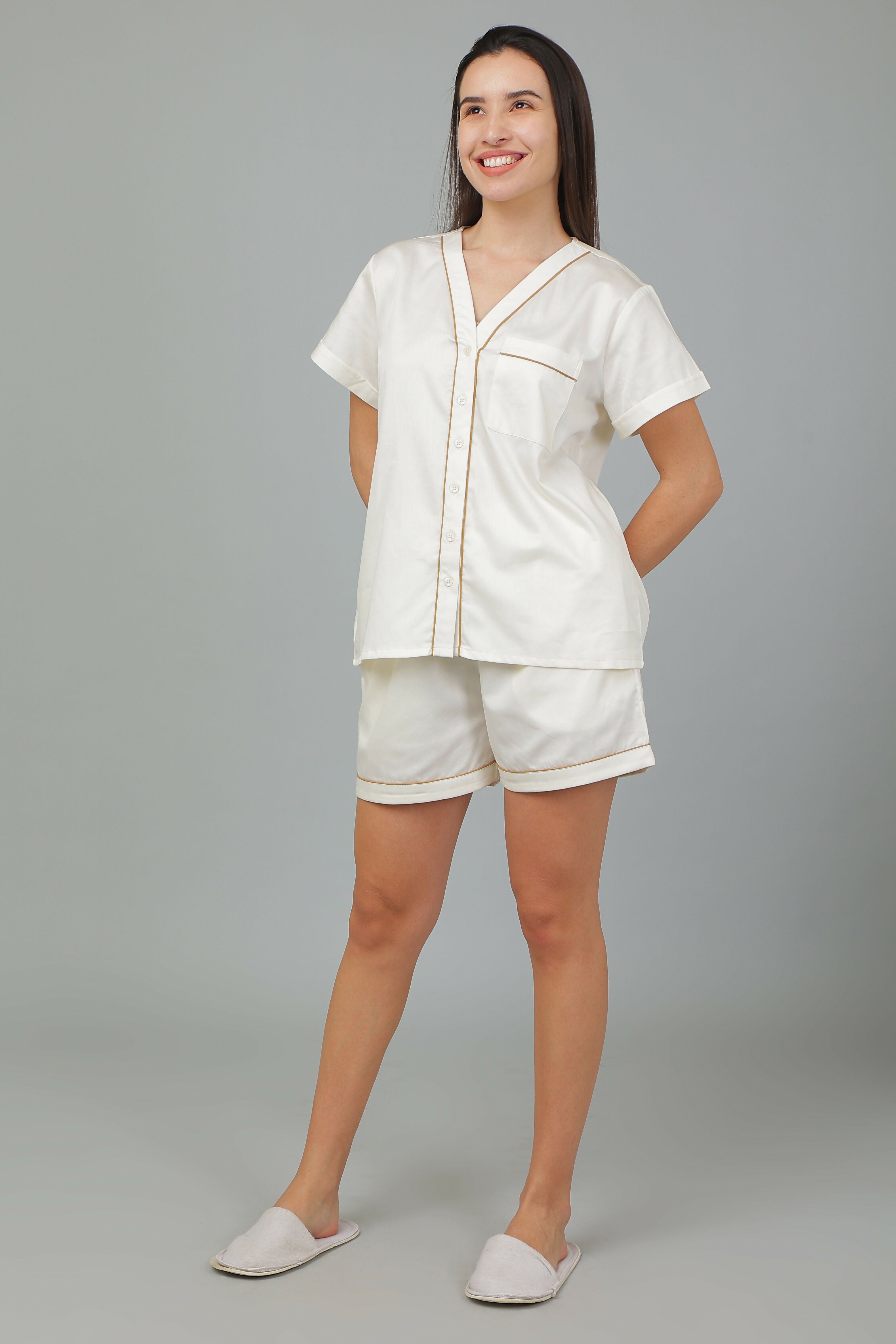 Breathables Women Cotton Night Suit Shirt And Shorts Co-Ord Set I Nightwear | Loungewear Set In Solid Colours - Dista