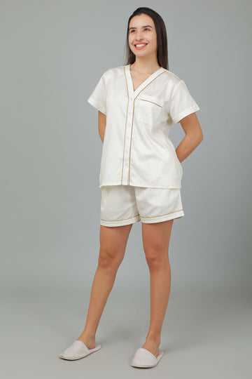Breathables Women Cotton Night Suit Shirt And Shorts Co-Ord Set I Nightwear | Loungewear Set In Solid Colours - Dista