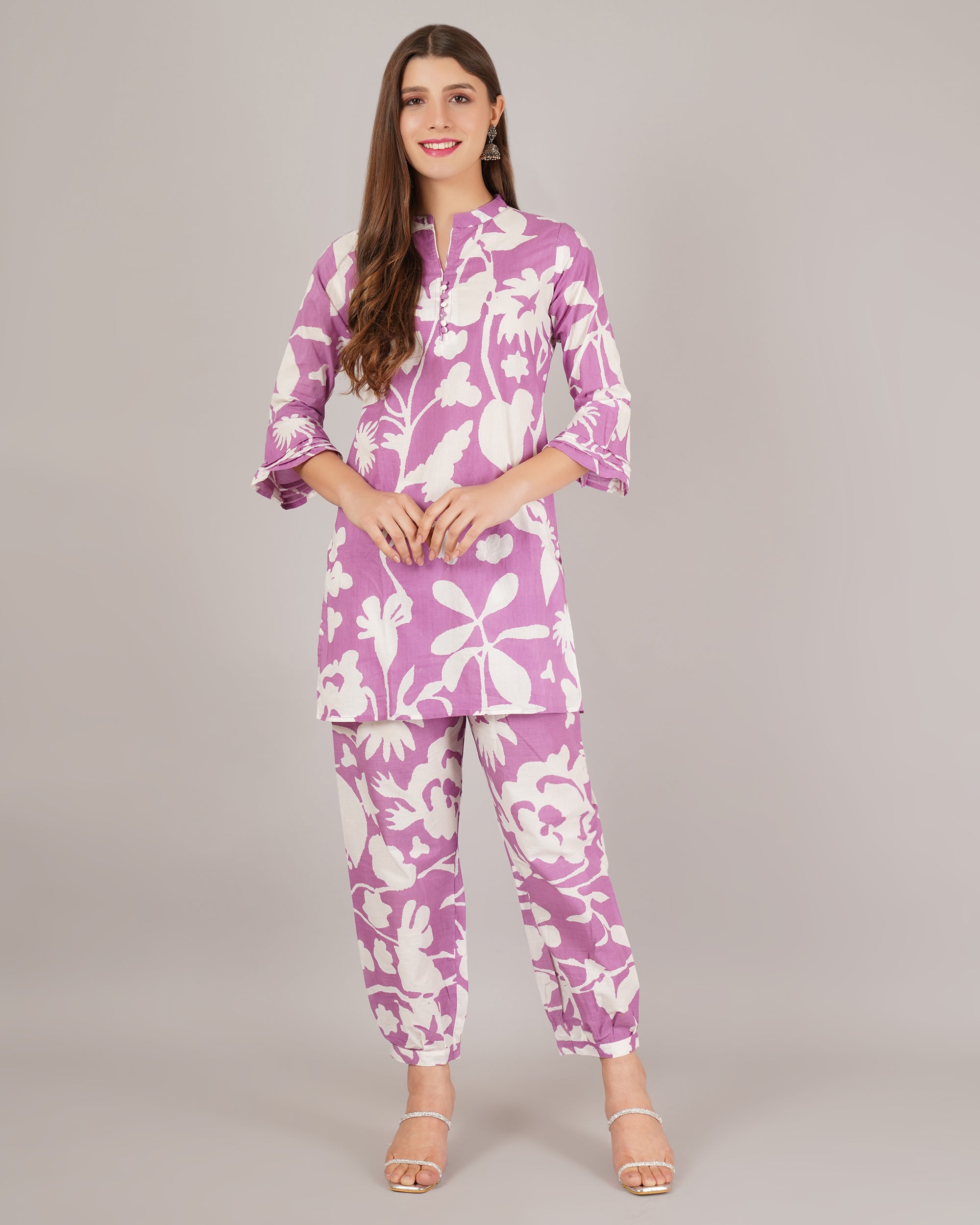 Jaitra Apparels White And Purple Printed Premium Pure Cotton Co-Ord Set For Women