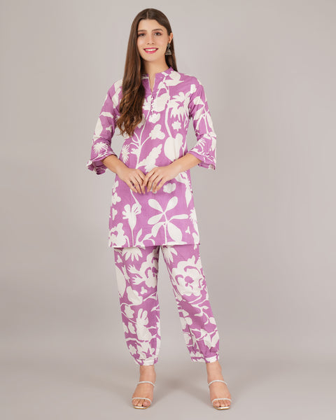 Jaitra Apparels White And Purple Printed Premium Pure Cotton Co-Ord Set For Women