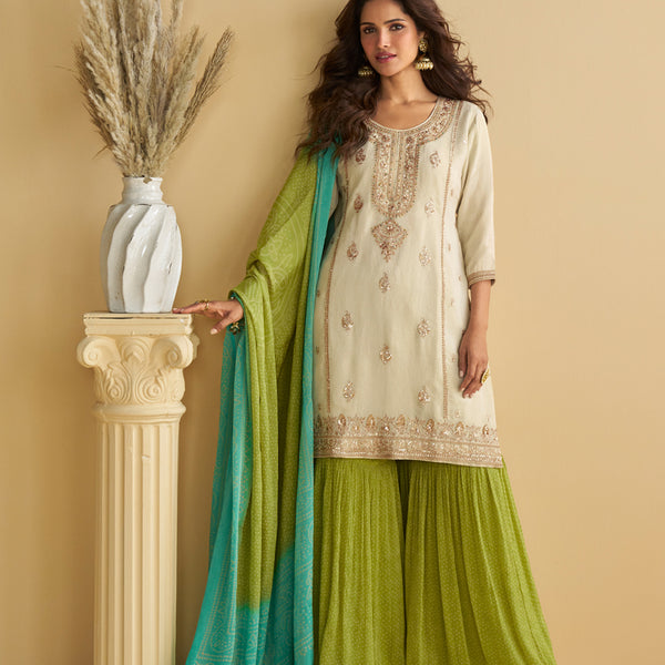 Evanik Women Off White Chinon Silk Zari Embroidered Sequins Sharara Suit - Distacart