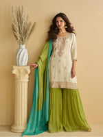 Thumbnail for Evanik Women Off White Chinon Silk Zari Embroidered Sequins Sharara Suit - Distacart