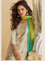 Thumbnail for Evanik Women Off White Chinon Silk Zari Embroidered Sequins Sharara Suit - Distacart