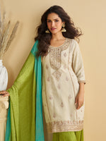 Thumbnail for Evanik Women Off White Chinon Silk Zari Embroidered Sequins Sharara Suit - Distacart