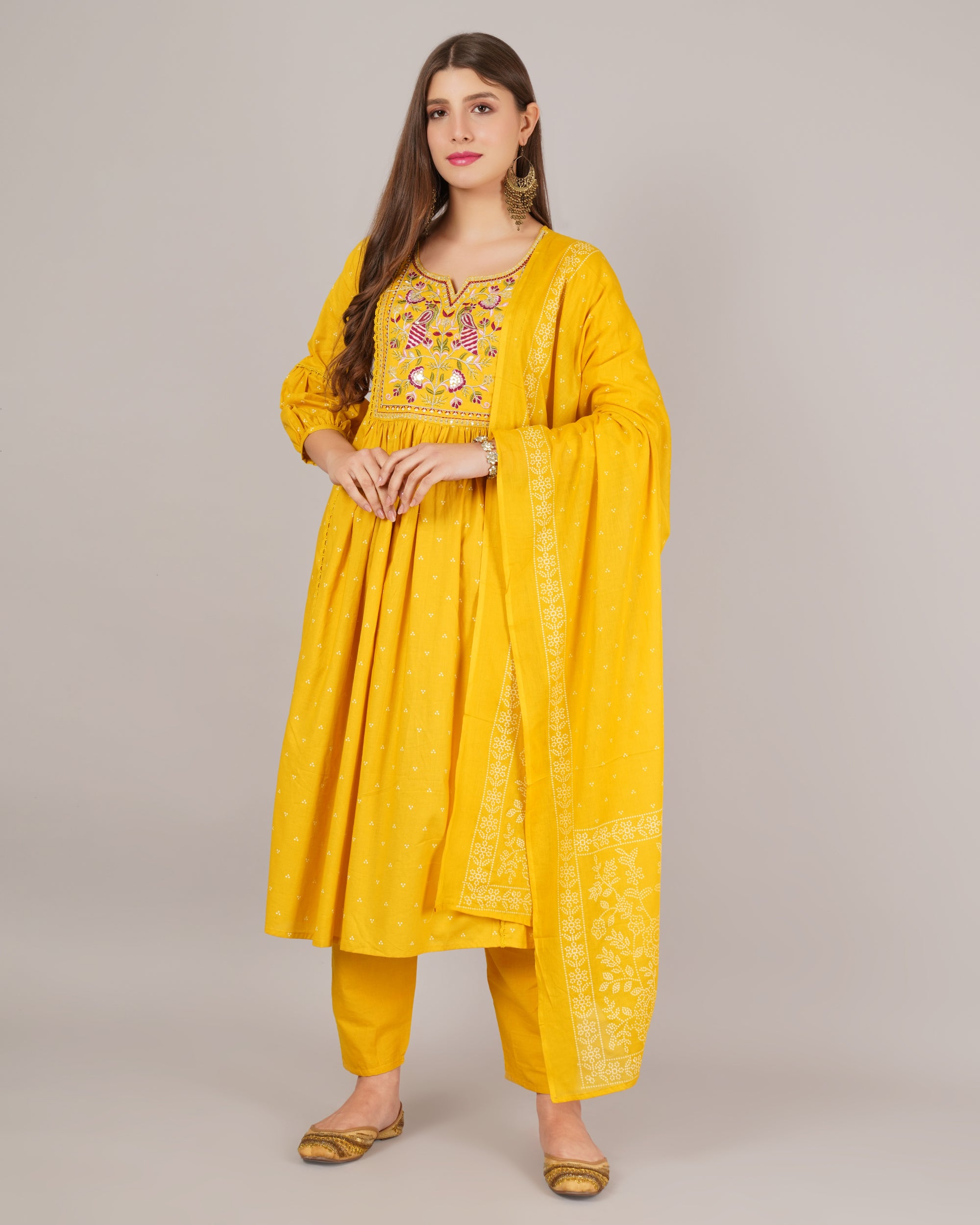 Jaitra Apparels Mustard Yellow Embroidered Pure Cotton Fabric Kurta Set With Dupatta