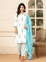 Thumbnail for Yufta White And Sky Blue Cotton Floral Print Kurta Dupatta Set