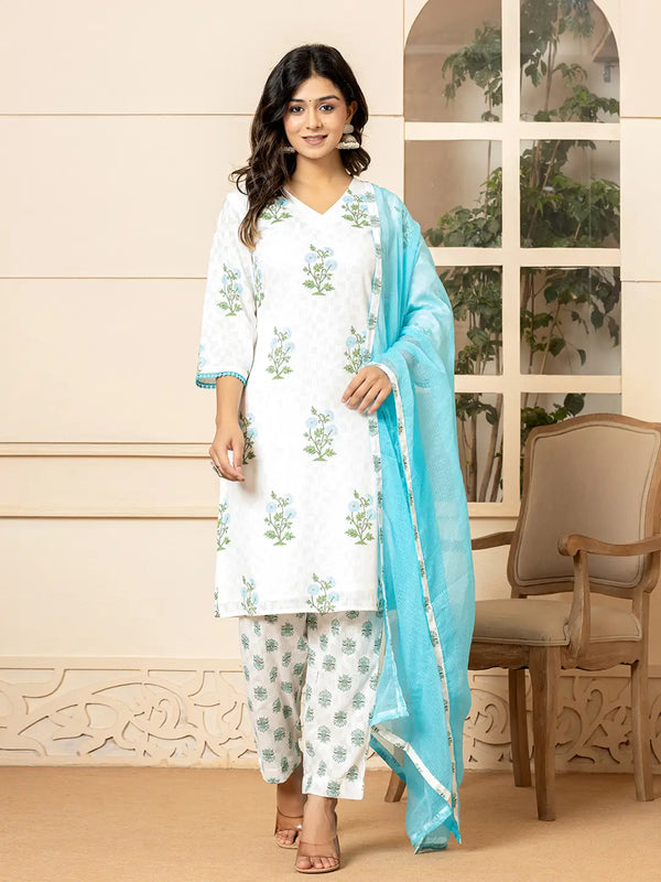 Yufta White And Sky Blue Cotton Floral Print Kurta Dupatta Set